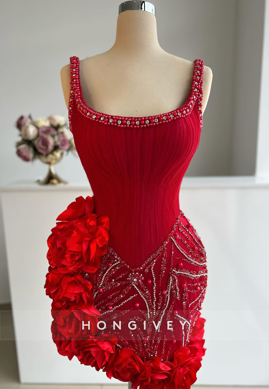 Red Regular Straps Short Homecoming Dress with 3D Flowers and Beading