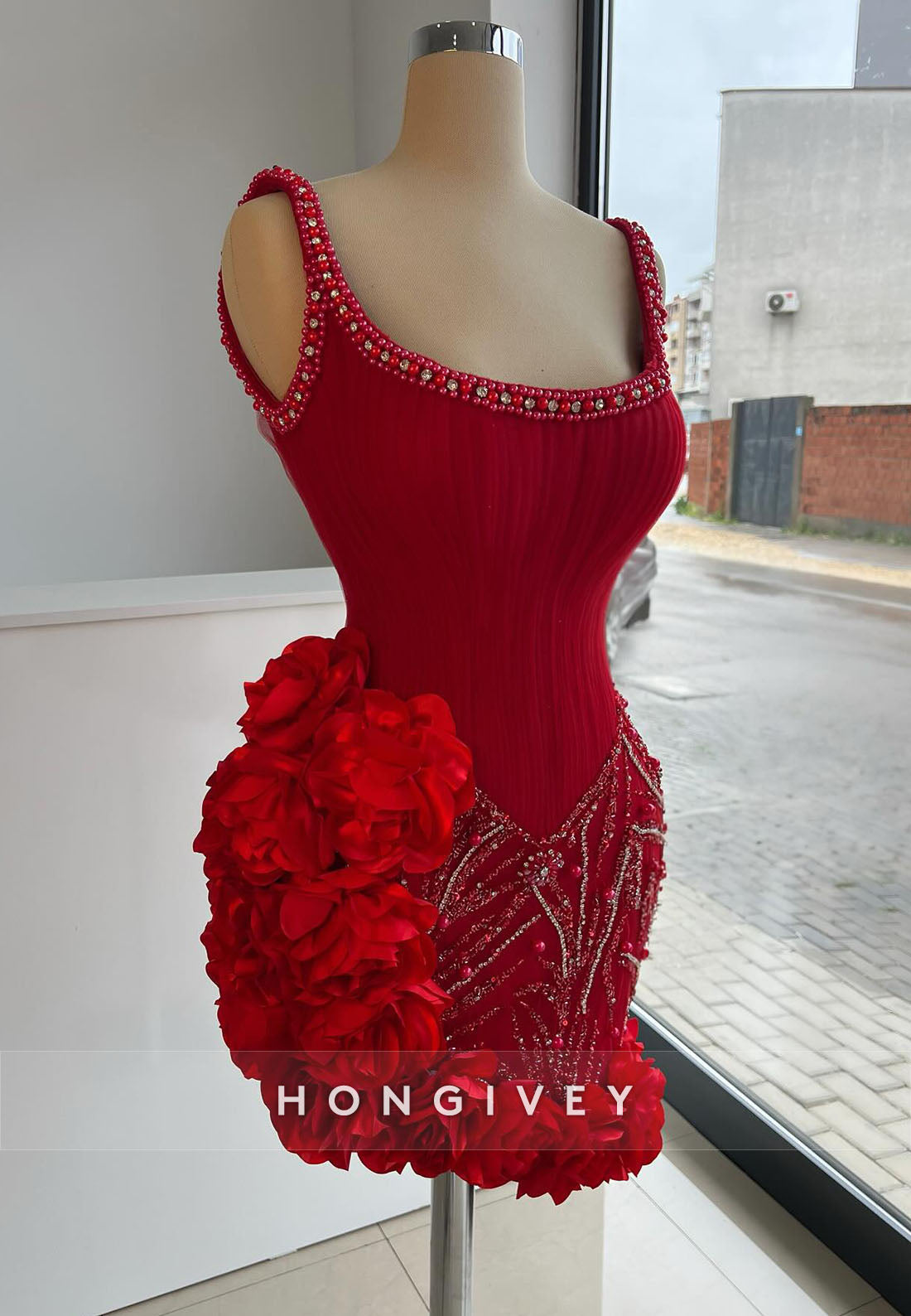 Red Regular Straps Short Homecoming Dress with 3D Flowers and Beading