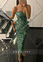 Sequined Strapless Ankle-Length Sweetheart Sheath Evening Gowns