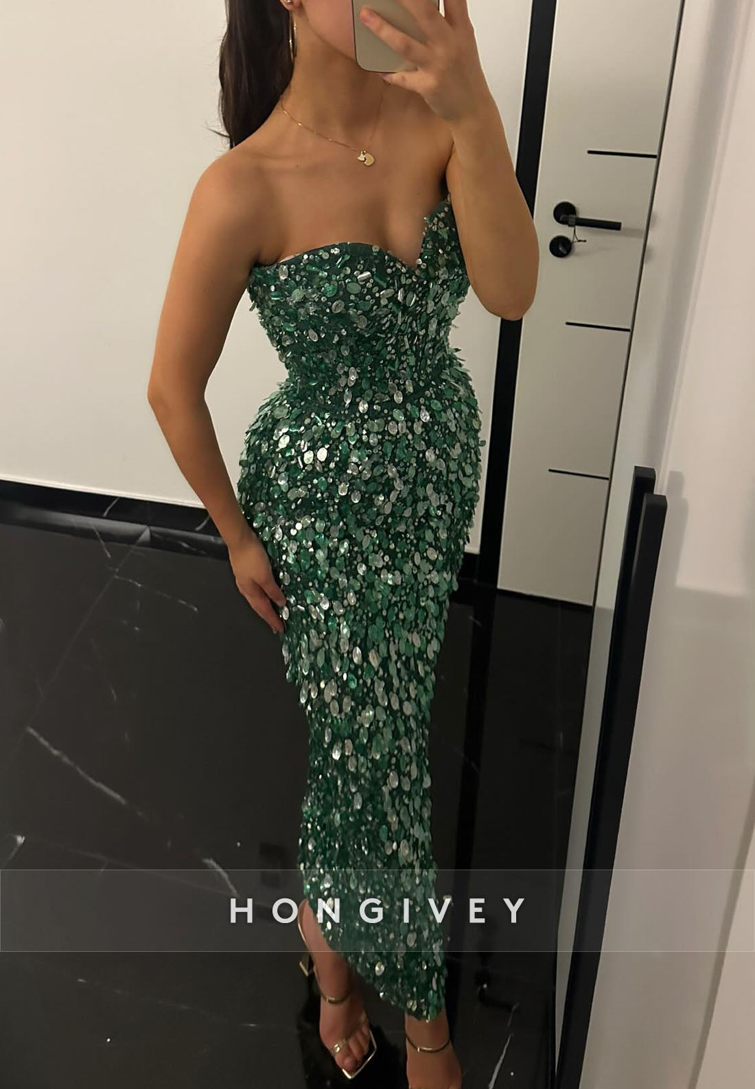 Sequined Strapless Ankle-Length Sweetheart Sheath Evening Gowns