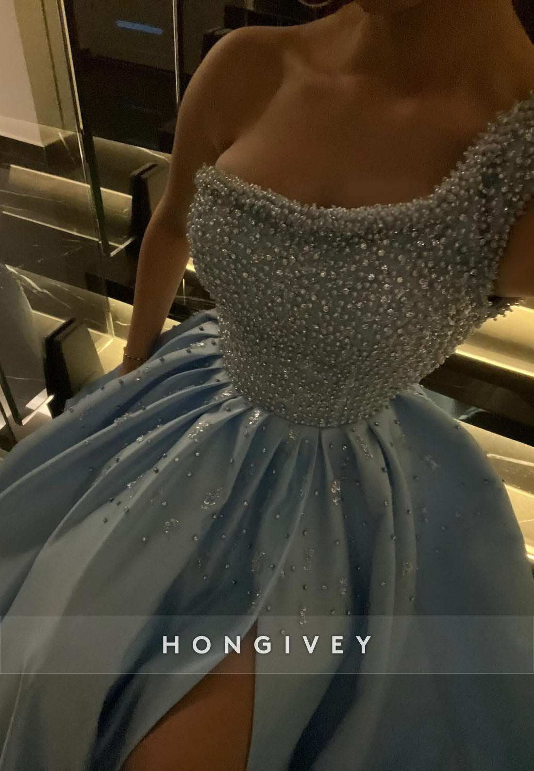 One Shoulder Blue Satin Beaded Princess Evening Gowns with High Slit