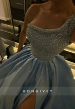 One Shoulder Blue Satin Beaded Princess Evening Gowns with High Slit