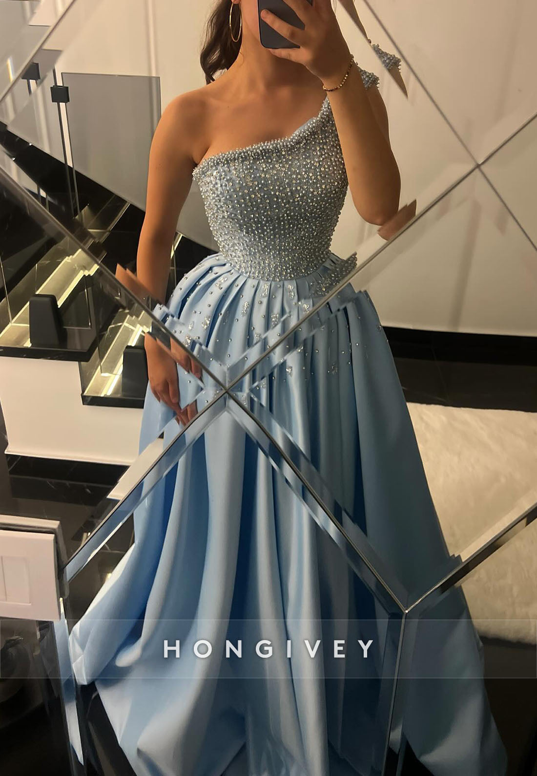 One Shoulder Blue Satin Beaded Princess Evening Gowns with High Slit