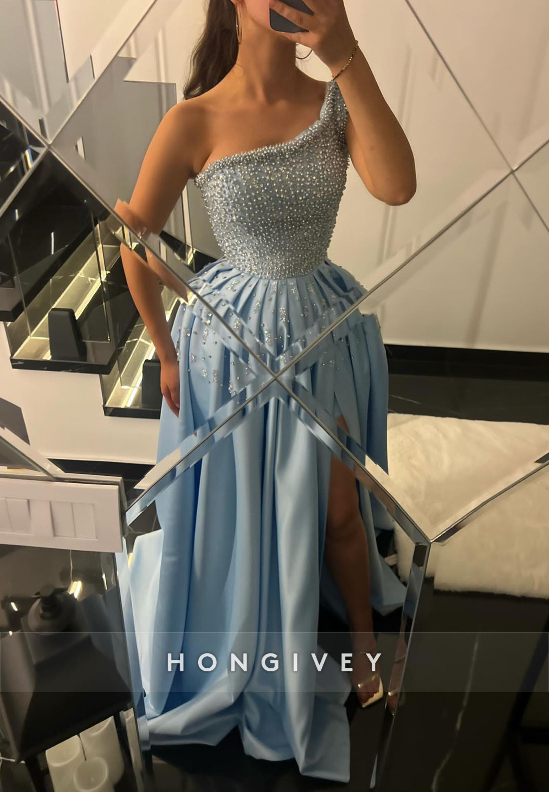 One Shoulder Blue Satin Beaded Princess Evening Gowns with High Slit
