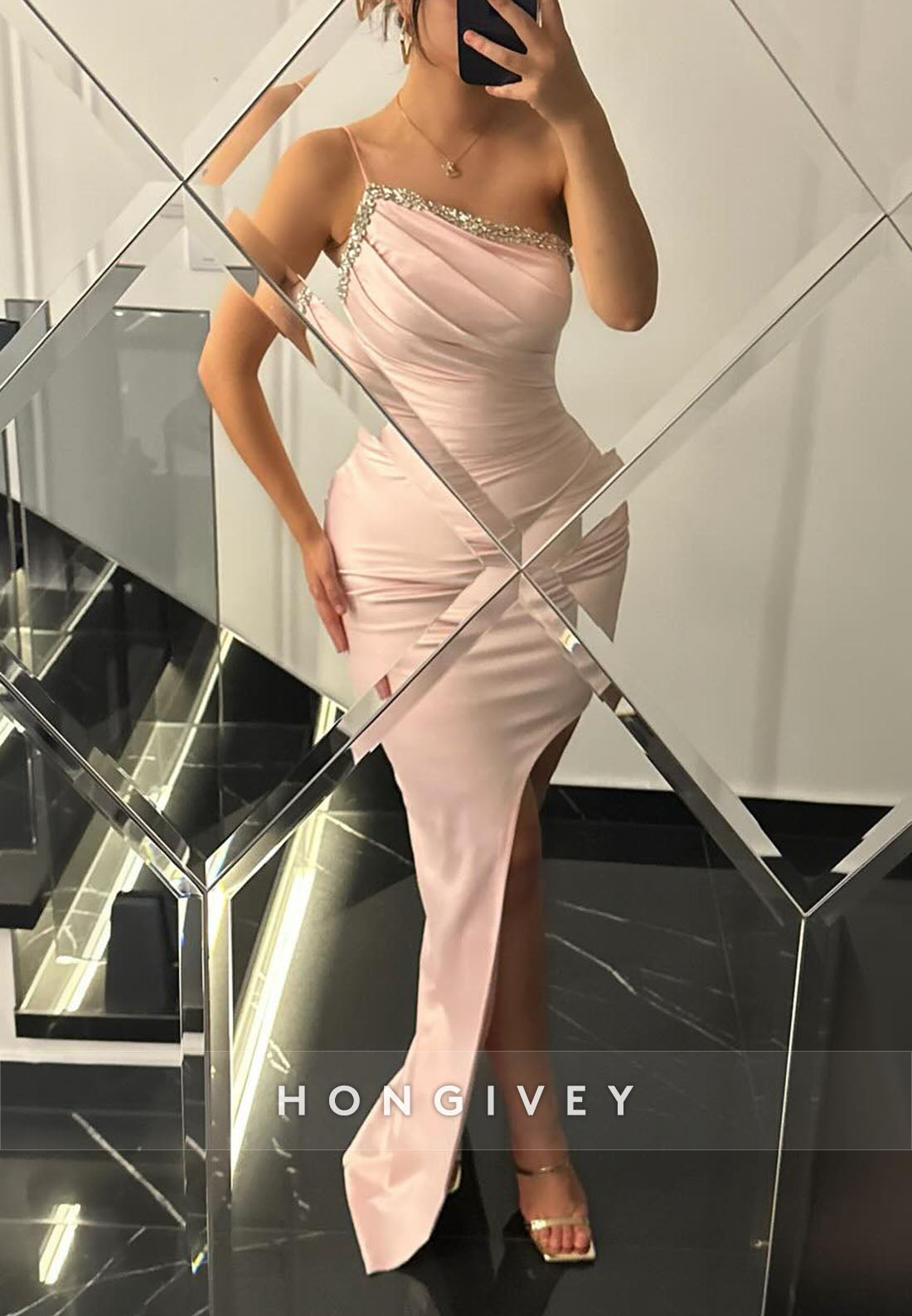 One Shoulder Blush Spaghetti Straps Sheath Evening Gown with Rhinestone