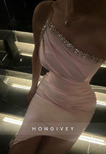 One Shoulder Blush Spaghetti Straps Sheath Evening Gown with Rhinestone