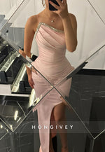 One Shoulder Blush Spaghetti Straps Sheath Evening Gown with Rhinestone