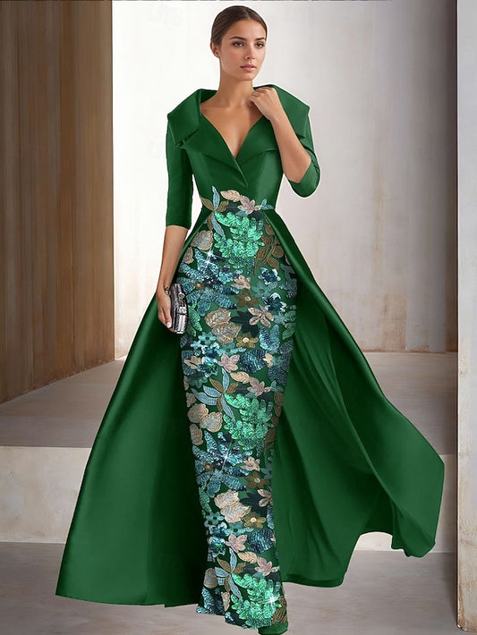Sparkle Sequins Floral Print Flowers 3/4 Sleeve Mermaid Evening Dress