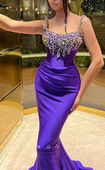 L2668 - Sexy Satin Trumpet Beaded Appliques Bateau Party Prom Evening Dress