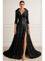 V-Neck Sequins Sparkle 3/4 Sleeve A-Line Floor-Length Evening Sleeve Side Slit