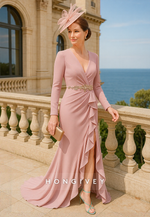 Low V-Neck Floor-Length Long Sleeves High Slit Elegant Mother of the Bride Dress