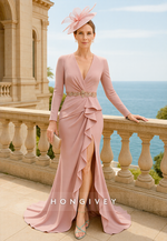 Low V-Neck Floor-Length Long Sleeves High Slit Elegant Mother of the Bride Dress