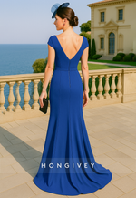 Low V-Neck Cap Sleeves Side Slit Elegant Floor-Length Mother of the Bride Dress