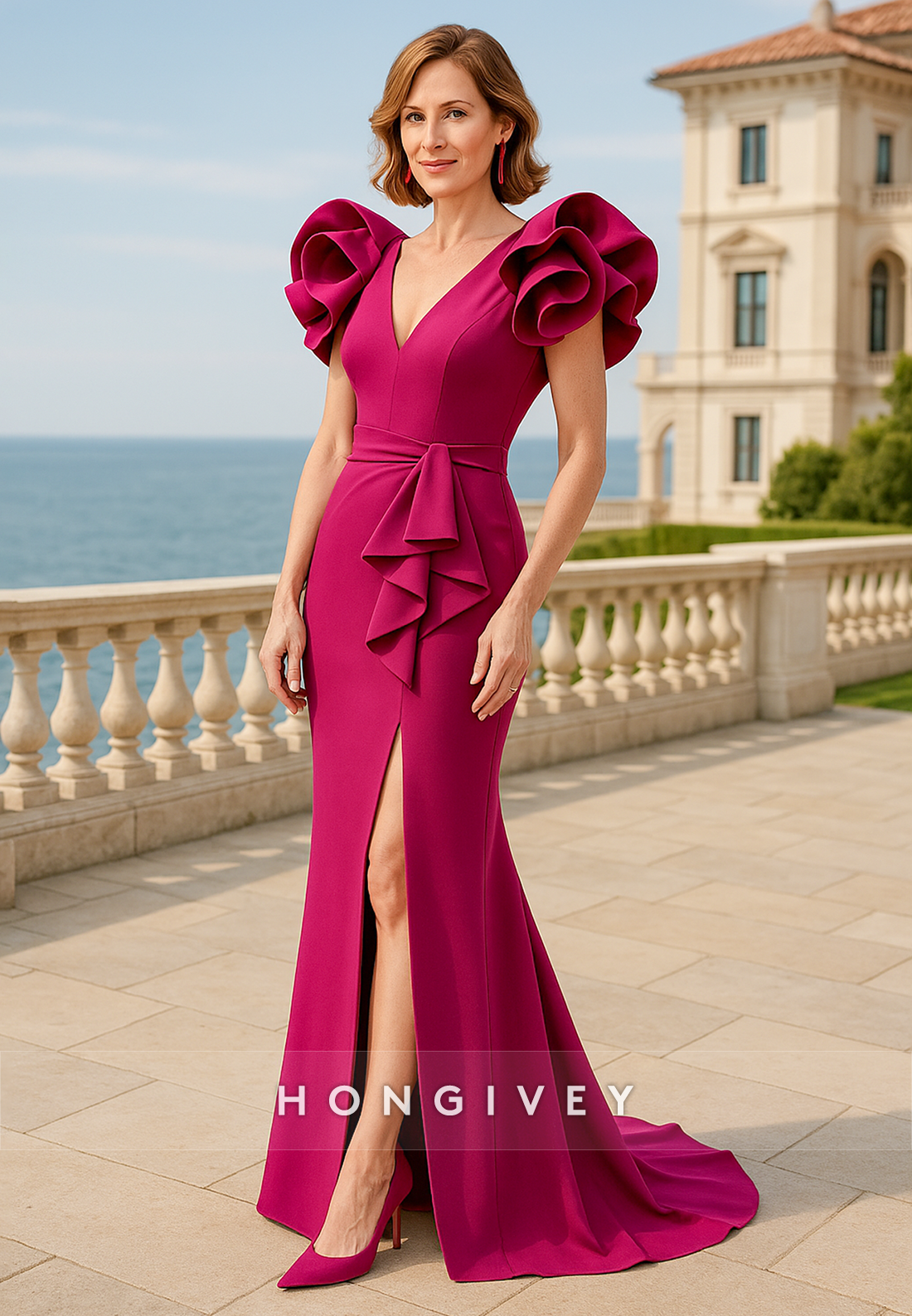 V-Neck Cap Sleeves Side Slit V Back Elegant Mother of the Bride Dress