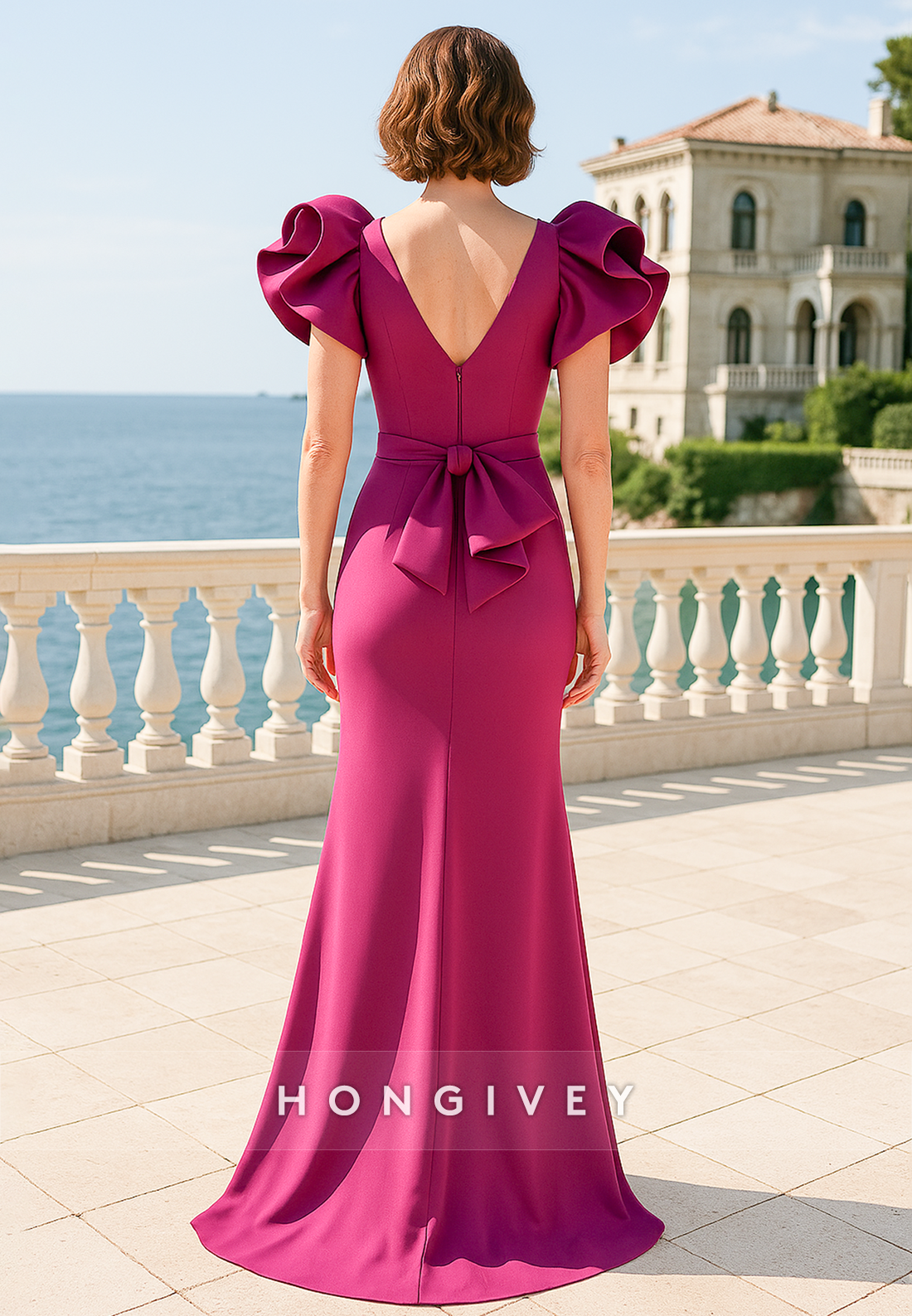 V-Neck Cap Sleeves Side Slit V Back Elegant Mother of the Bride Dress