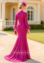 V-Neck Feathers Long Sleeves Elegant Mother of the Bride Dress with Slit