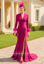 V-Neck Feathers Long Sleeves Elegant Mother of the Bride Dress with Slit