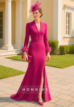 V-Neck Cap Sleeves Side Slit V Back Elegant Mother of the Bride Dress