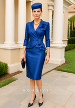 Flowers Elegant Knee-Length Satin V-Neck 3/4 Sleeve Mother of the Bride Dress