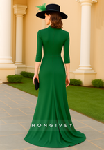 V-Neck 3/4 Sleeve Side Draping Green Mermaid Mother of the Bride Dress with Ruffles