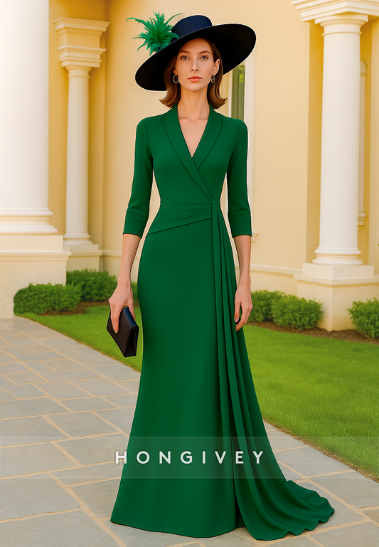 V-Neck 3/4 Sleeve Side Draping Green Mermaid Mother of the Bride Dress with Ruffles