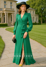 Emerald V-Neck Side Slit Long Sleeves Elegant A-Line Mother of the Bride Dress