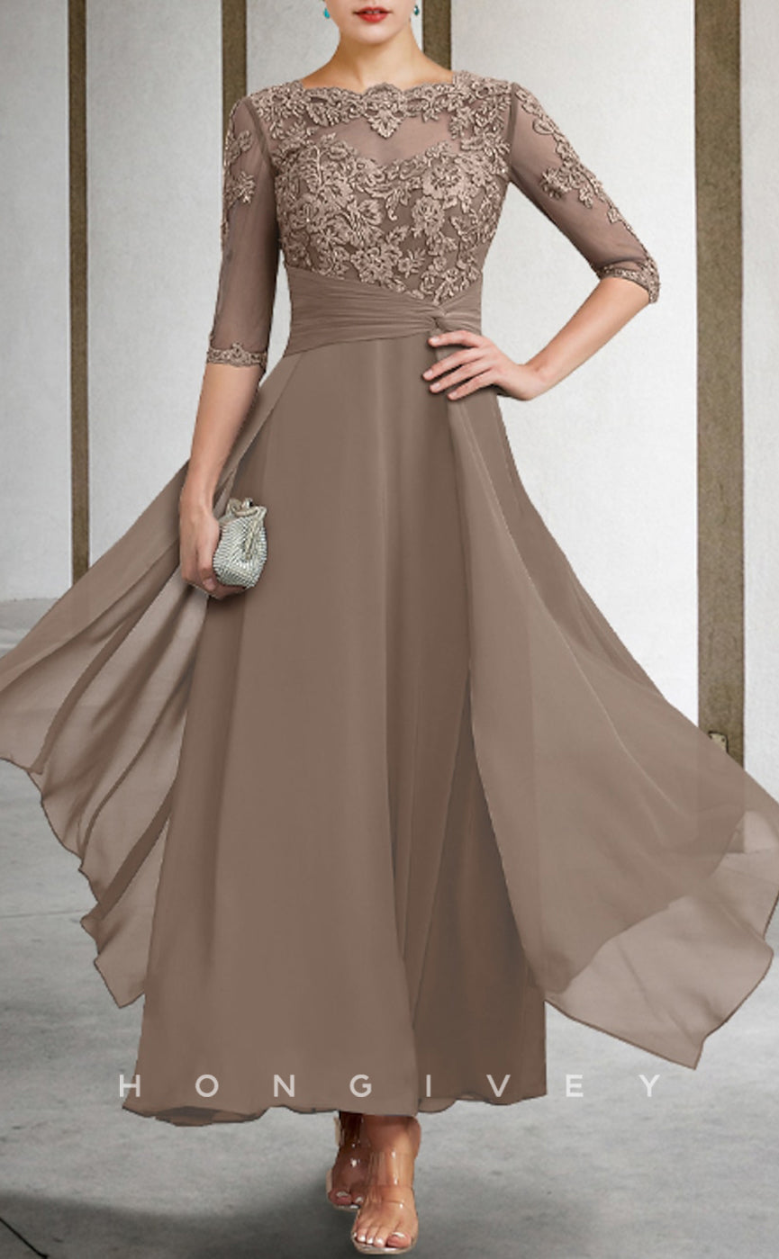 HM208 - A-Line Scoop 3/4 Sleeves Lace Applique Mother of the Bride Dress