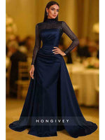 High Neck Long Sleeve Beading Sequined Evening Gown A-line