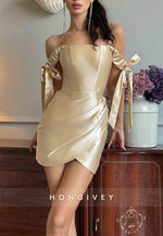 Golden Off the Shoulder Pleated Sheath Mini Homecoming Dresses with Bowknots