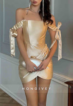 Golden Off the Shoulder Pleated Sheath Mini Homecoming Dresses with Bowknots