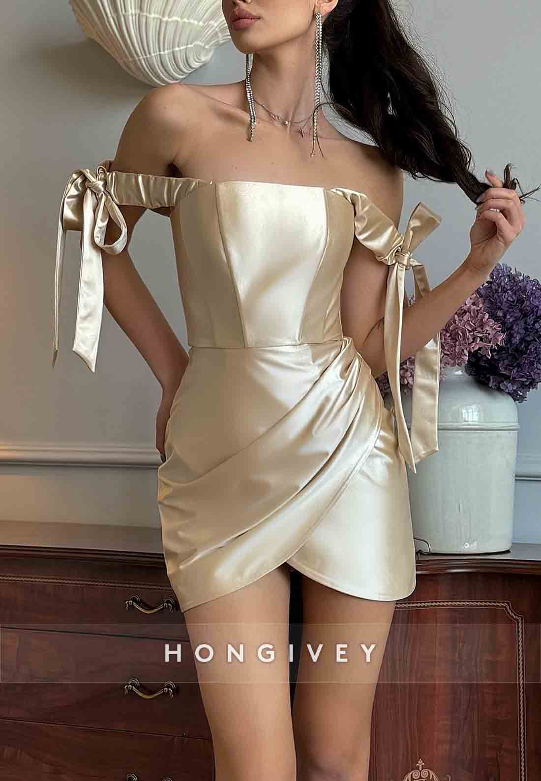 Golden Off the Shoulder Pleated Sheath Mini Homecoming Dresses with Bowknots