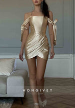 Golden Off the Shoulder Pleated Sheath Mini Homecoming Dresses with Bowknots