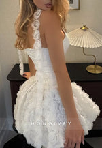 Halter Strapless Tie Back A-Line Homecoming Dress with White Flowers