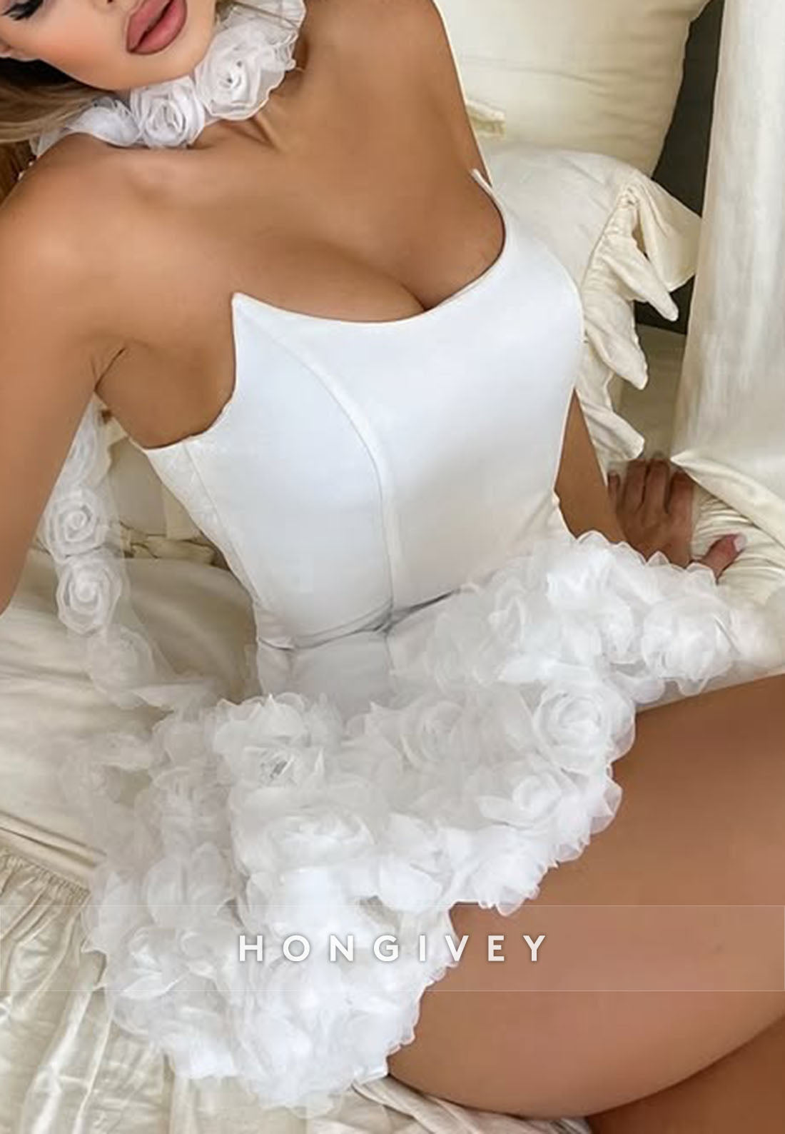 Halter Strapless Tie Back A-Line Homecoming Dress with White Flowers