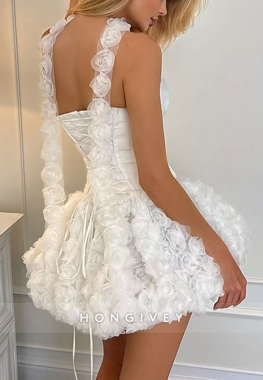 Halter Strapless Tie Back A-Line Homecoming Dress with White Flowers