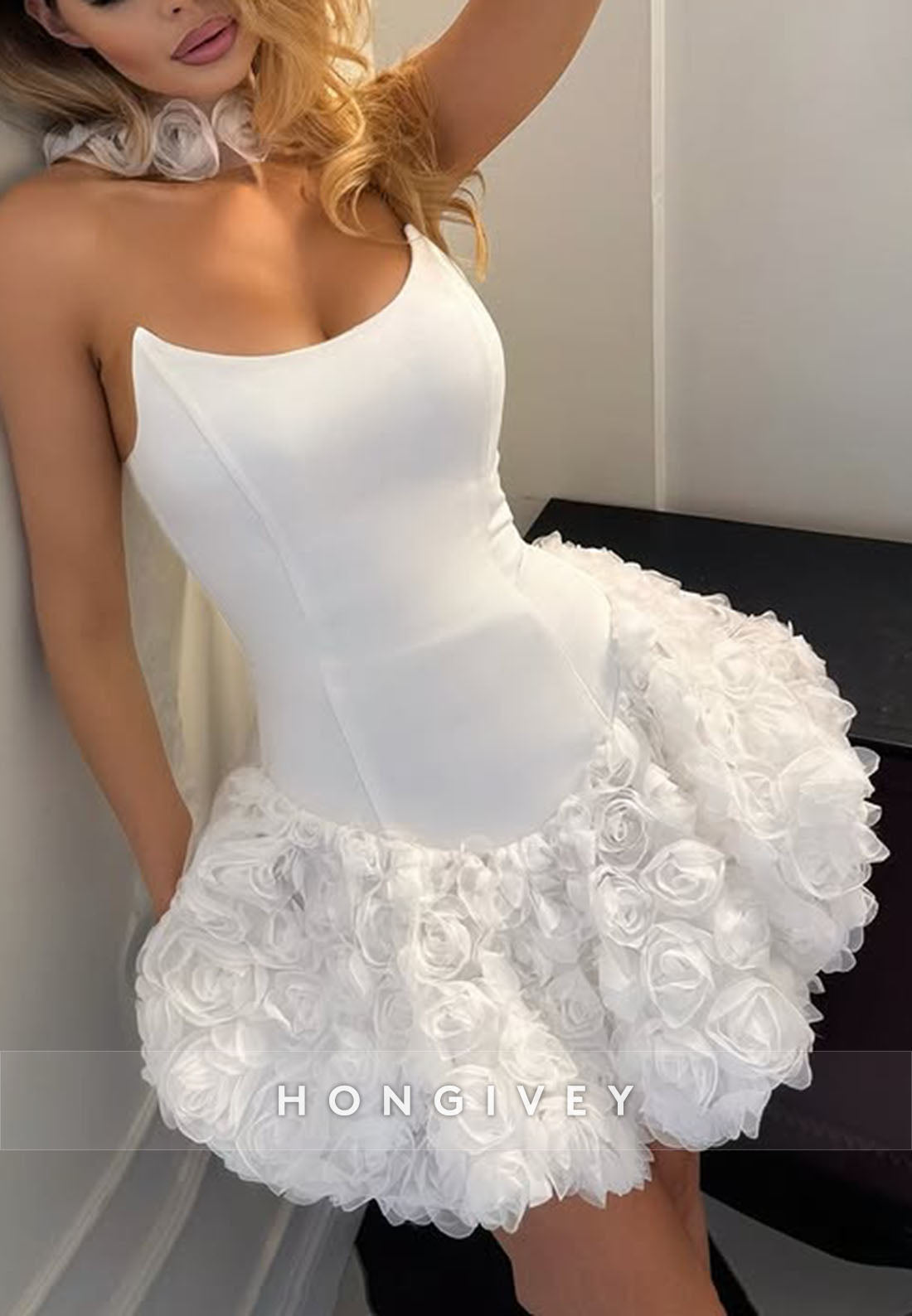 Halter Strapless Tie Back A-Line Homecoming Dress with White Flowers