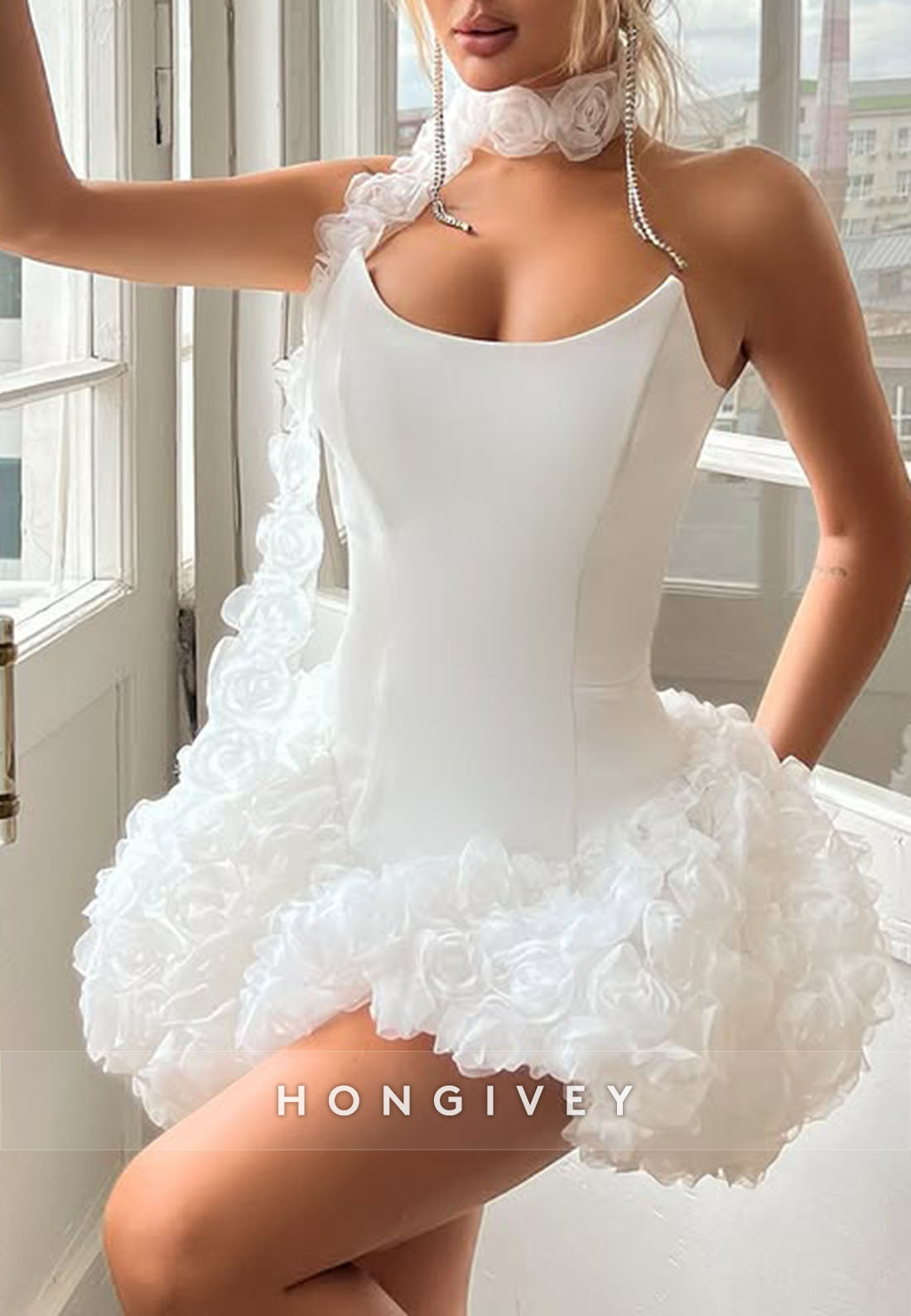 Halter Strapless Tie Back A-Line Homecoming Dress with White Flowers