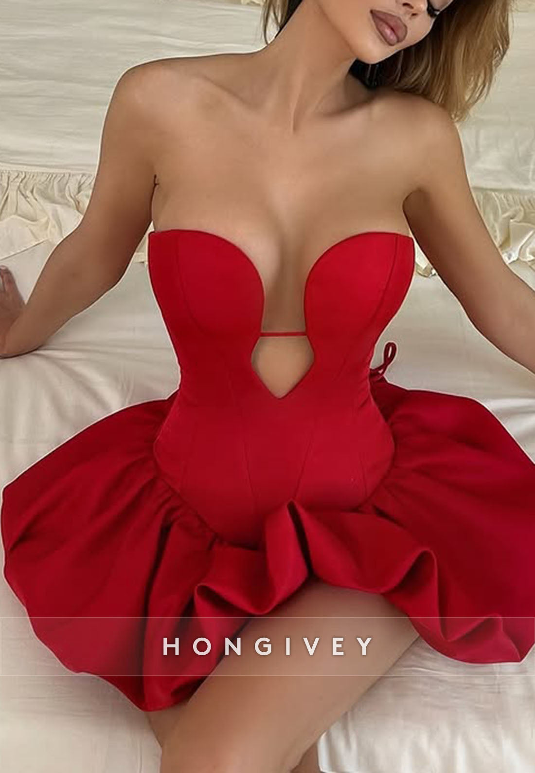 Red Strapless Ruched Sweetheart Short Princess Homecoming Dress