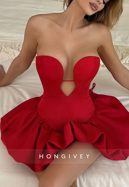 Red Strapless Ruched Sweetheart Short Princess Homecoming Dress