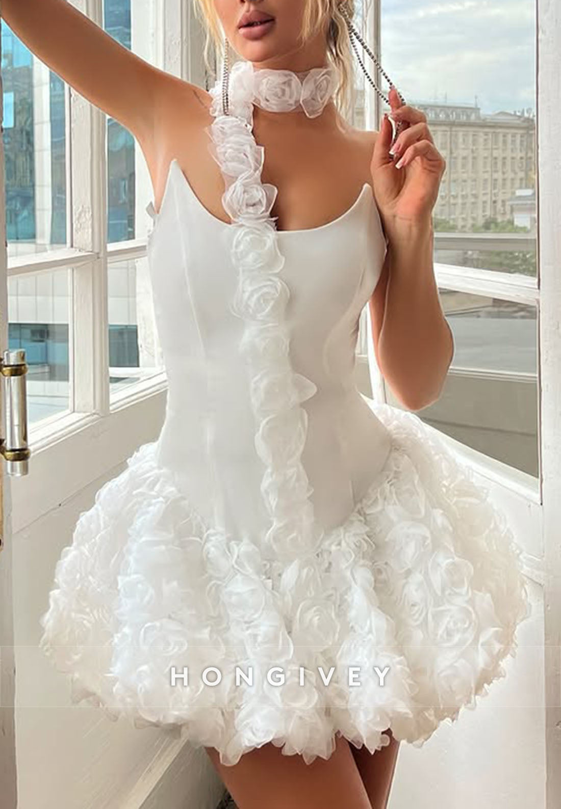 Halter Strapless Tie Back A-Line Homecoming Dress with White Flowers