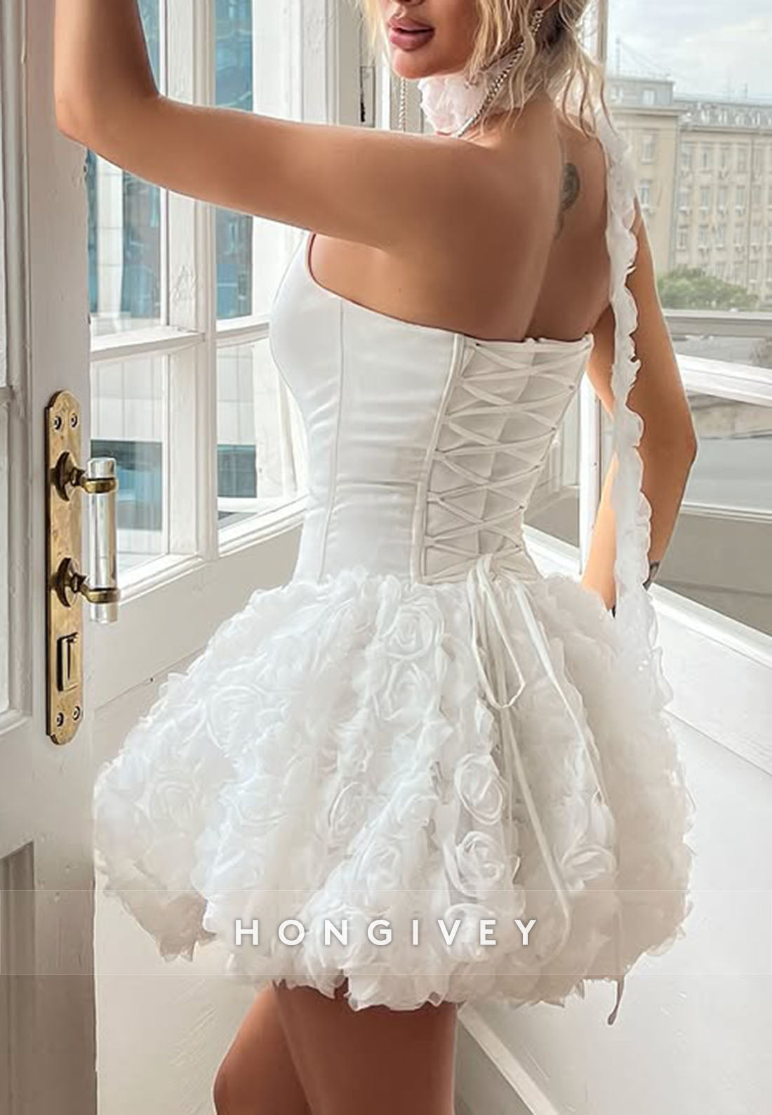 Halter Strapless Tie Back A-Line Homecoming Dress with White Flowers