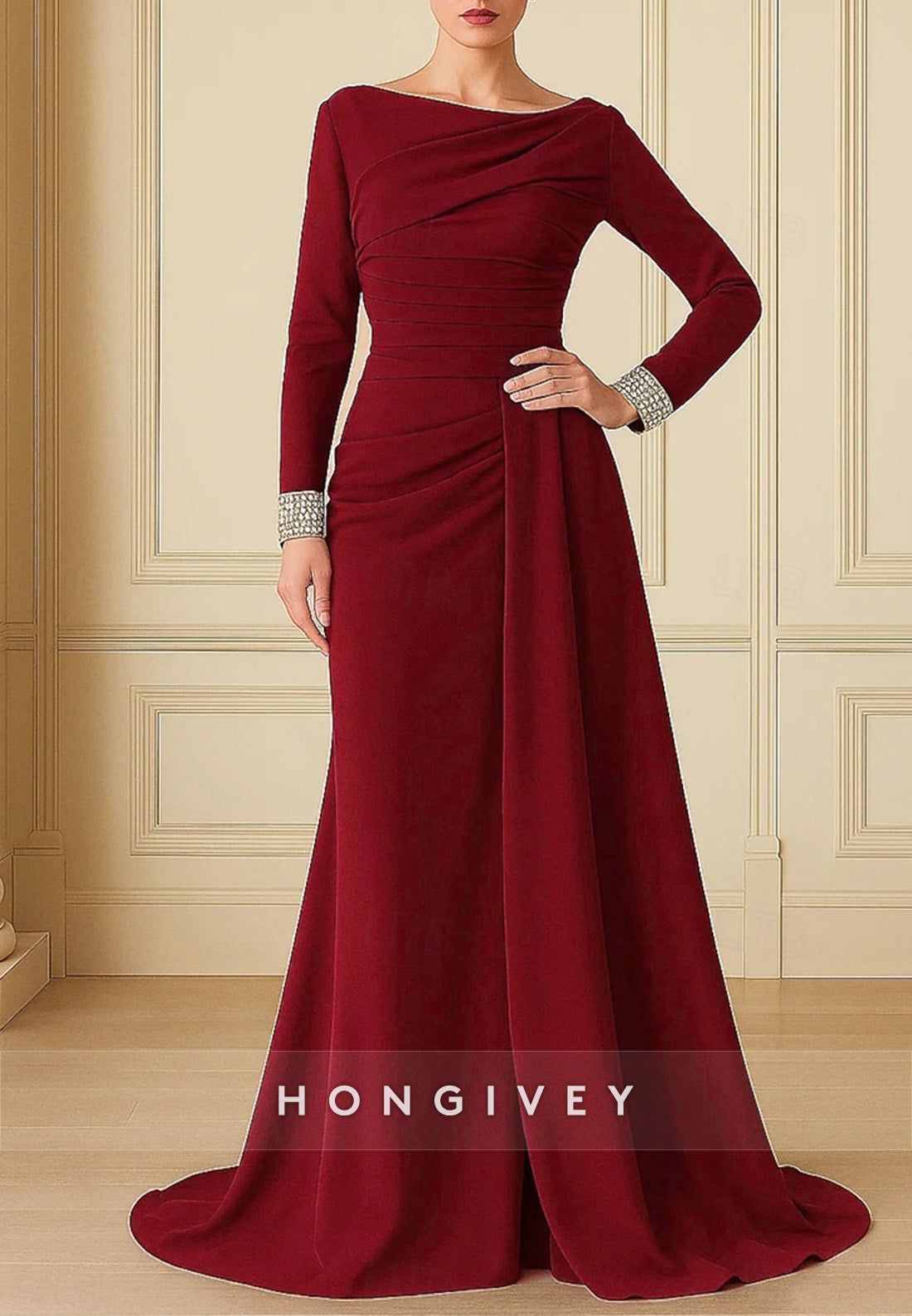 Trumpet Evening Gown Sweep Train Crystal Embellished Long Sleeve Formal Dress