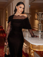 One Shoulder Black Lace Long Sleeve Mermaid Side Slit Evening Dress