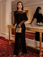 One Shoulder Black Lace Long Sleeve Mermaid Side Slit Evening Dress
