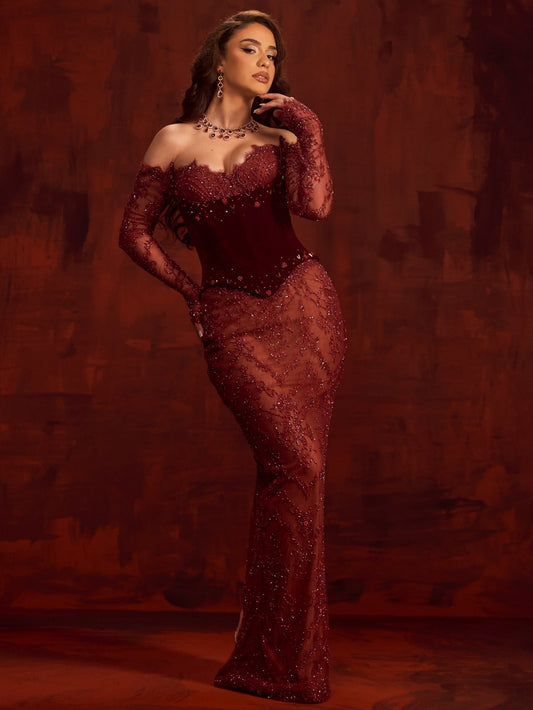 Sexy Off the Shoulder Long Sleeve Beaded Mermaid Prom Dress