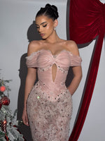 Pink Off the Shoulder Beaded Lace Mermaid Cut Outs Prom Dress