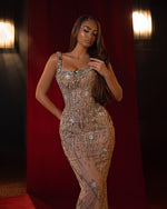 Spaghetti Straps Beaded Sparkle Flowers Sleeveless Mermaid Prom Dress