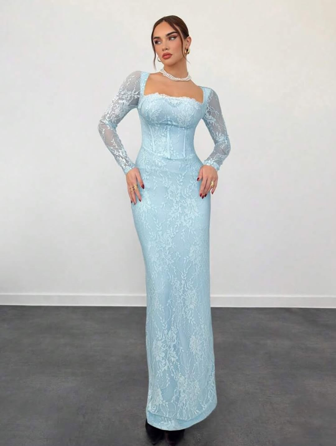 Blue Lace Square Neck Long Sleeve Mermaid Slit Evening Dress Floor-Length