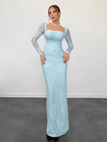 Blue Lace Square Neck Long Sleeve Mermaid Slit Evening Dress Floor-Length