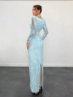 Blue Lace Square Neck Long Sleeve Mermaid Slit Evening Dress Floor-Length
